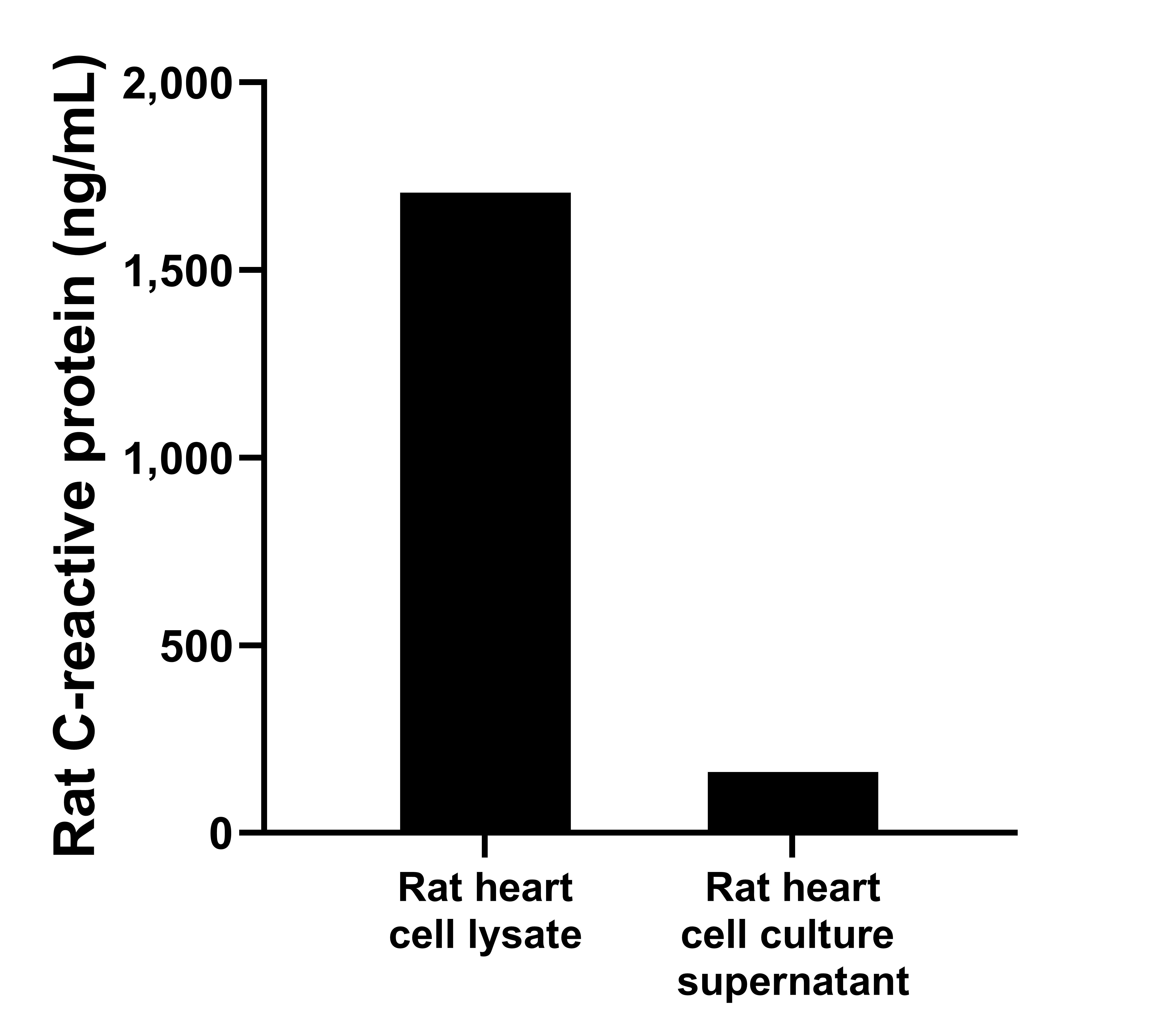 Rat heart, cut into 1-2 mm pieces, was cultured in 25-30 mL of RPMI supplemented with 10% fetal bovine serum. The cell culture supernatant was removed, assayed for rat C-reactive protein, and measured 161.65 ng/mL. Cells were lysed, assayed for rat C-reactive protein, and measured 1,706.04.65 ng/mL.